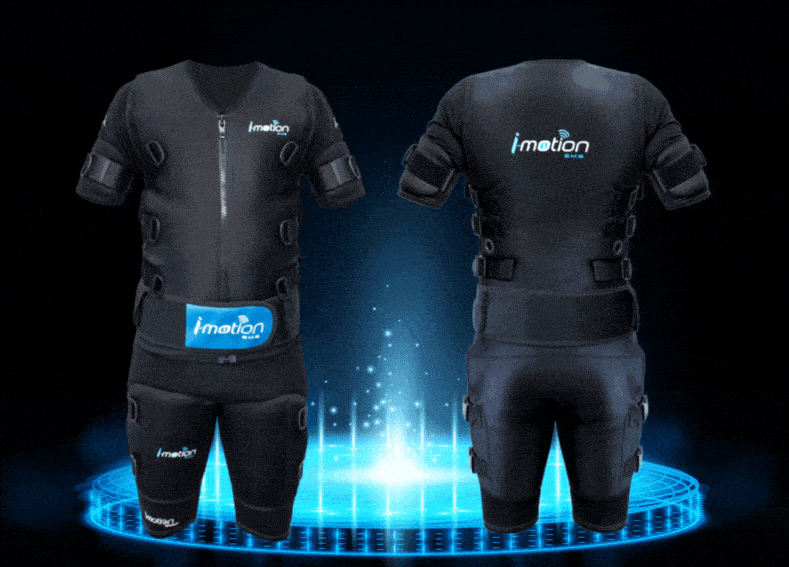 Tenue d'électrostimulation i-motion — gilet Bio-Jacket sans fil, vue avant et arrière